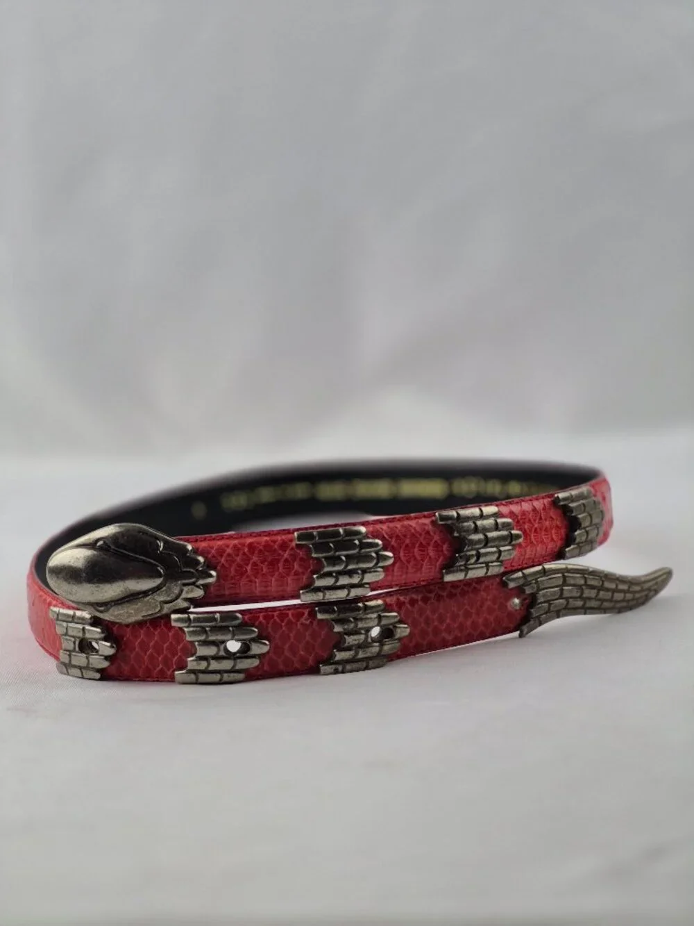 Vintage Morgan Taylor Red Snakeskin Belt Silver-Tone Metal Snake Head & Tail Med